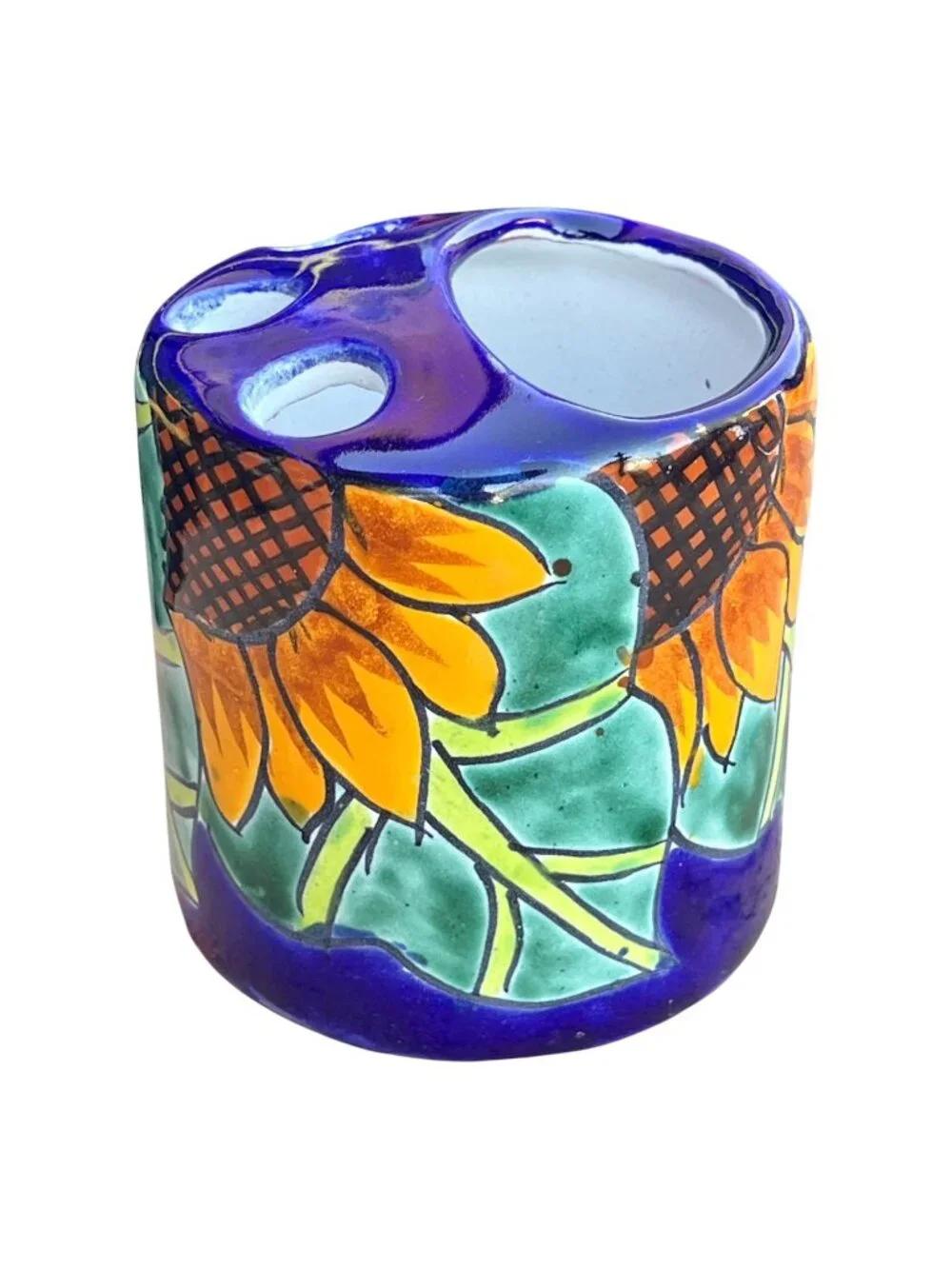 Hand-Painted Talavera Ceramic Toothbrush Holder Sunflower Design Made In Mexico